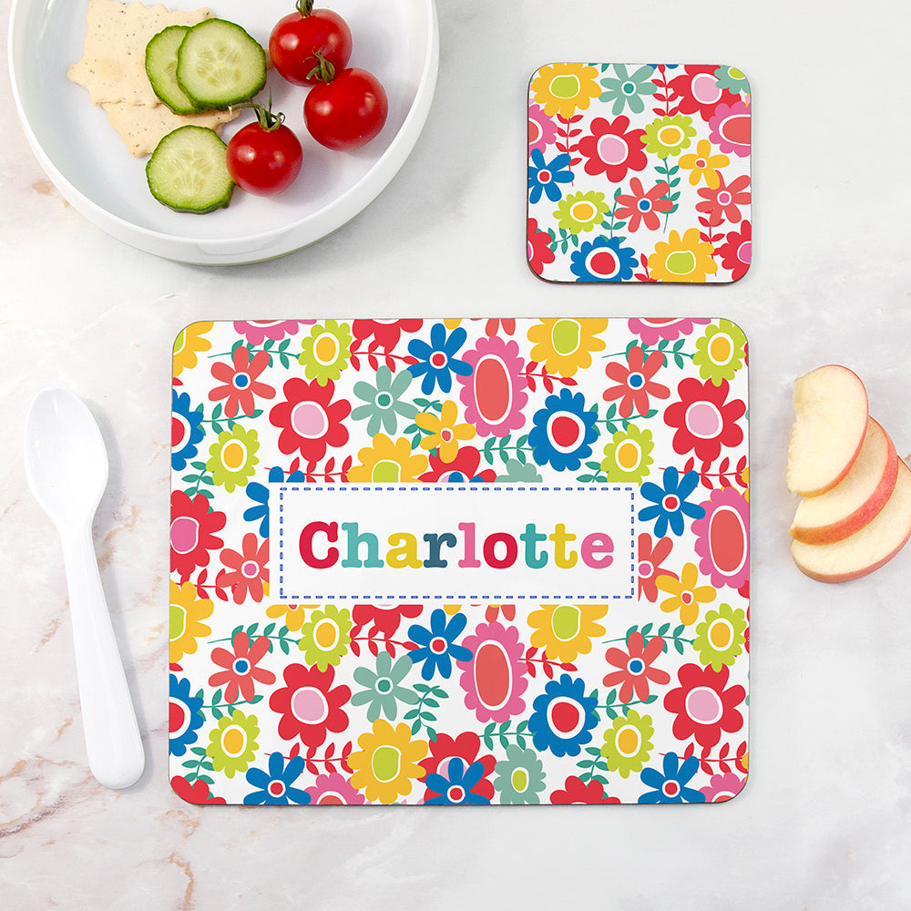 Personalised Girl’s Patterned Placemat & Coaster Sets: 1 - Floral - Placemats By Gift Moments