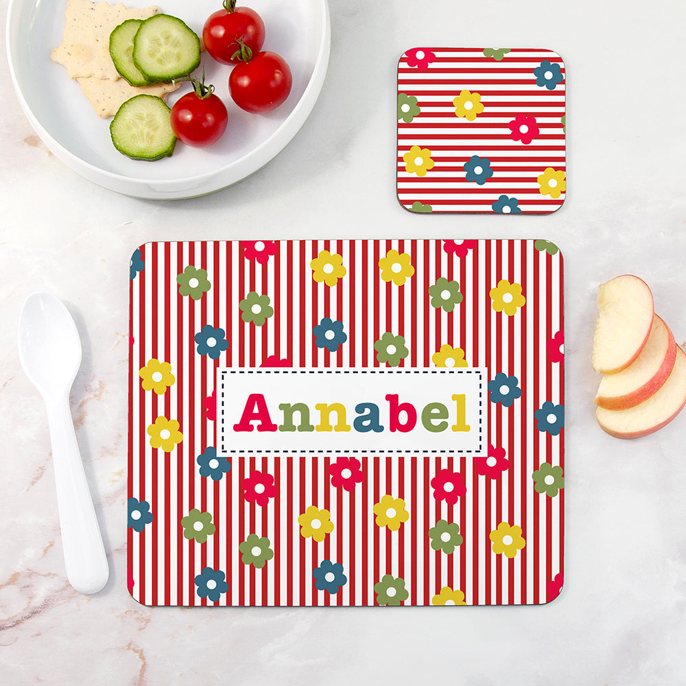 Personalised Girl’s Patterned Placemat & Coaster Sets: 4 - Striped Floral - Placemats By Gift Moments