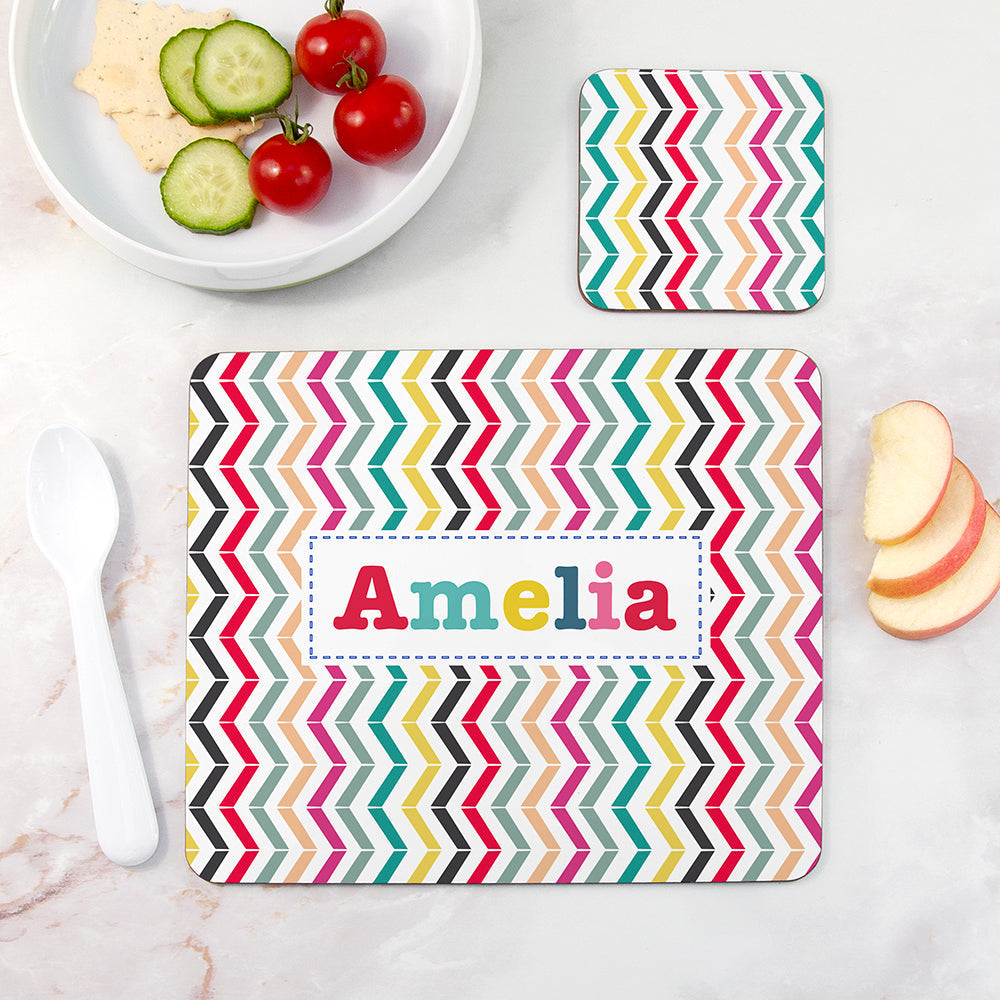 Personalised Girl’s Patterned Placemat & Coaster Sets: 5 - Zig Zags - Placemats By Gift Moments
