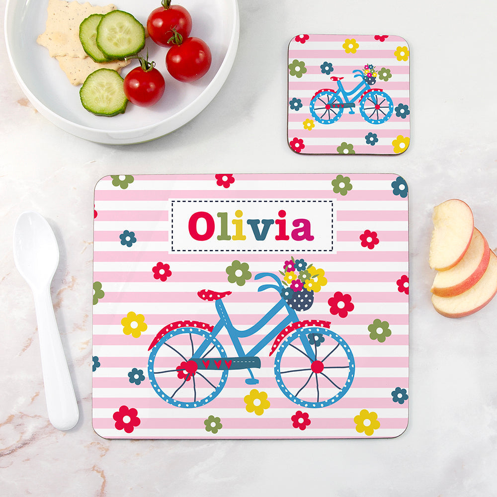 Personalised Girl’s Placemat & Coaster Sets: 7 - Bicycle - Placemats By Gift Moments