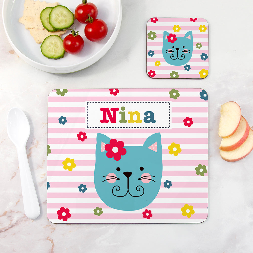 Personalised Girl’s Placemat & Coaster Sets: 1 - Cat - Placemats By Gift Moments