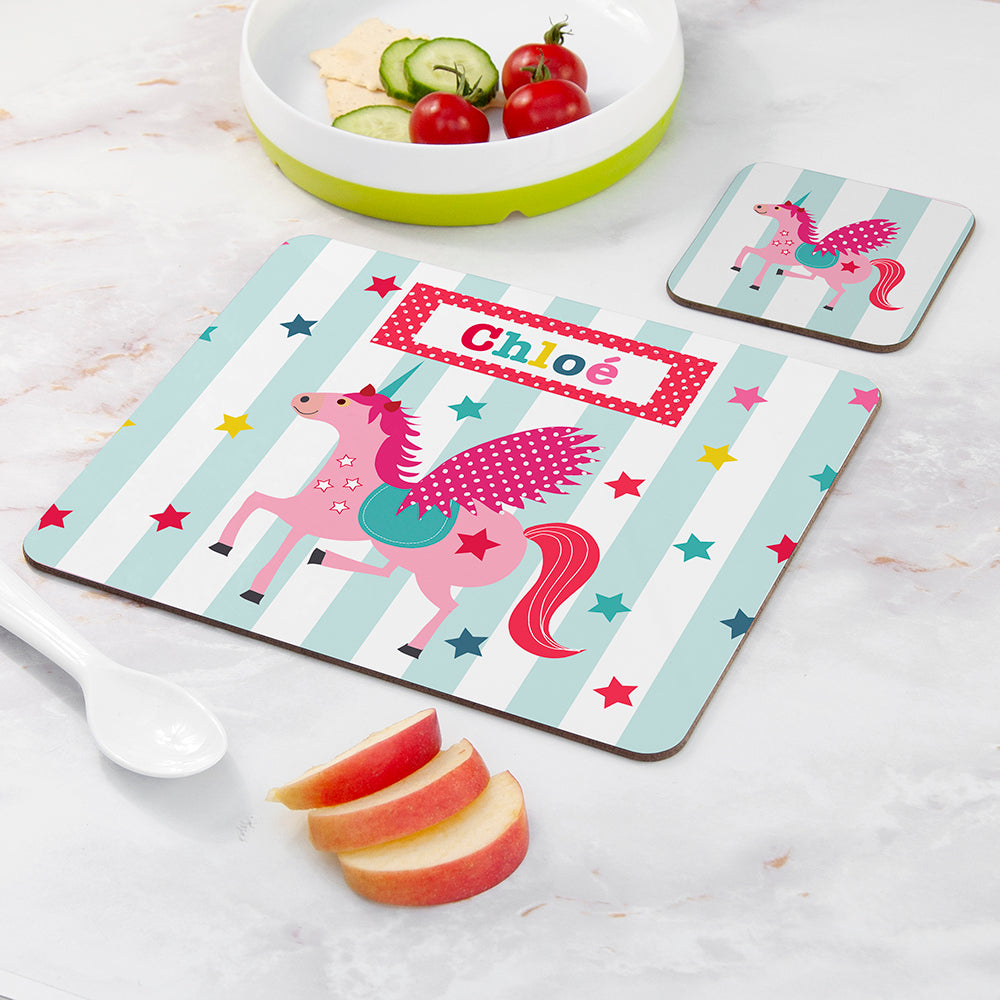 Personalised Girl’s Unicorn Placemat & Coaster Set: 2 - Placemats By Gift Moments