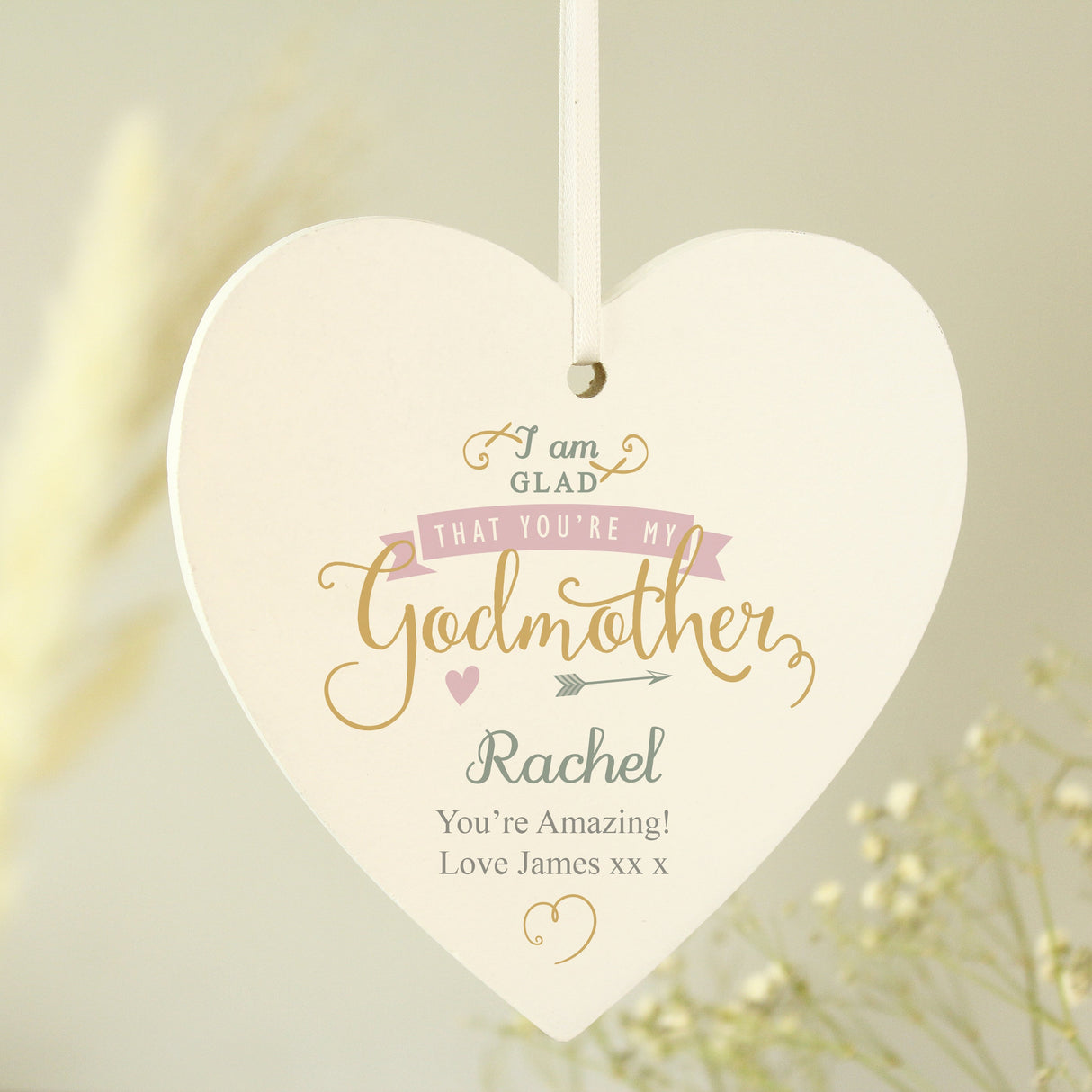 Personalised I Am Glad... Godmother Wooden Heart Decoration: 2 - Decorations By Gift Moments