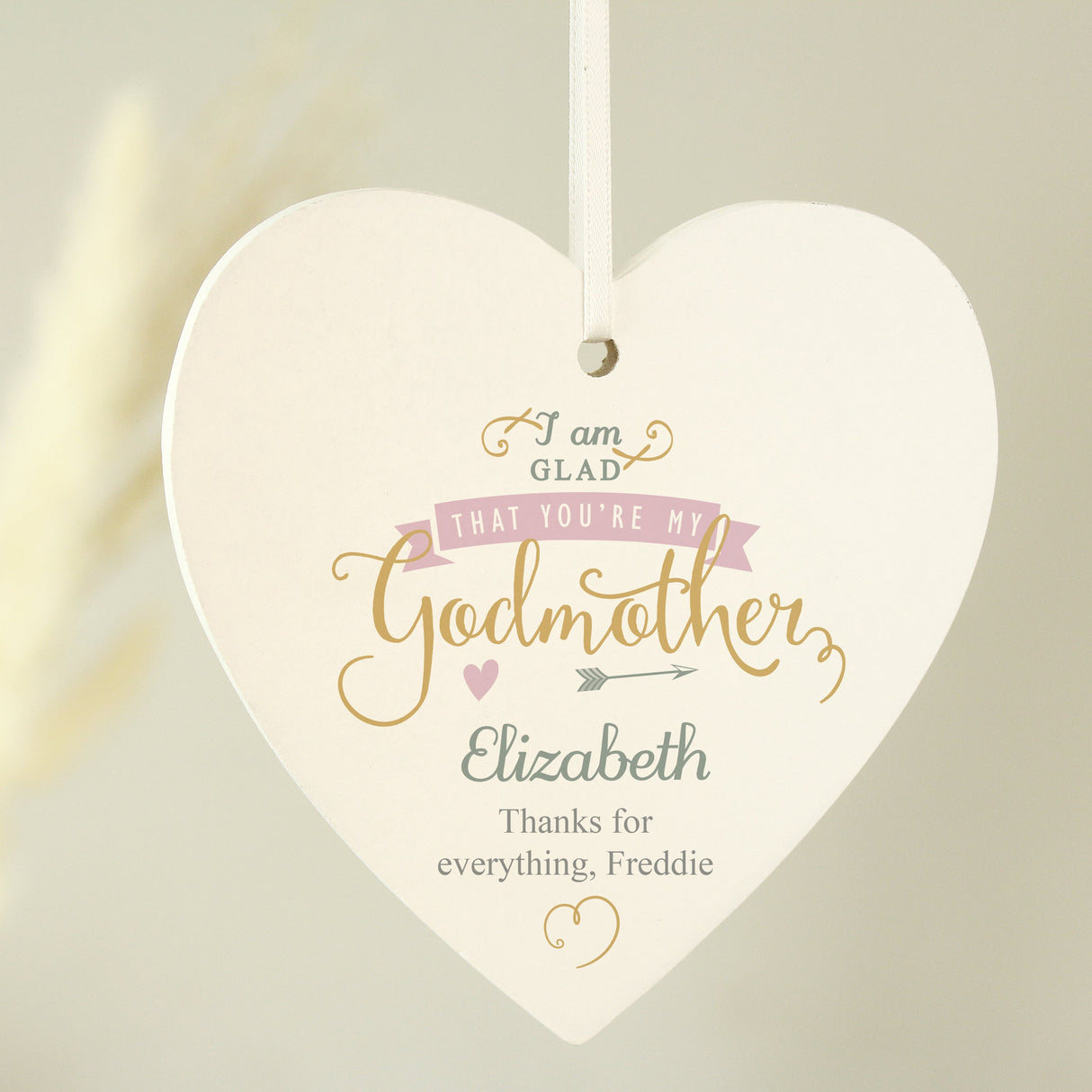 Personalised I Am Glad... Godmother Wooden Heart Decoration: 3 - Decorations By Gift Moments