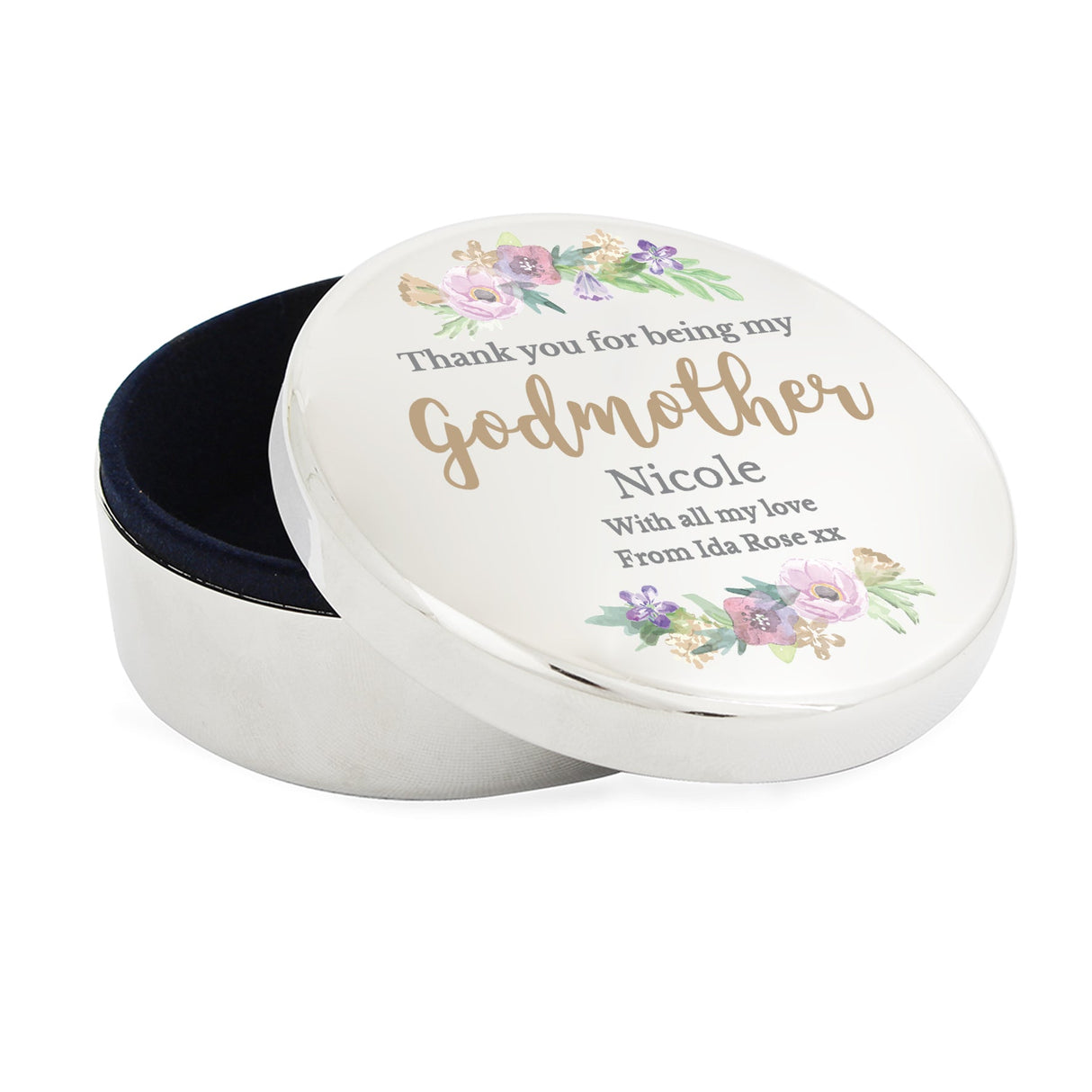 Personalised Godmother ’Floral Watercolour’ Round Trinket Box - Shop Trinket Boxes At Gift Moments - 2