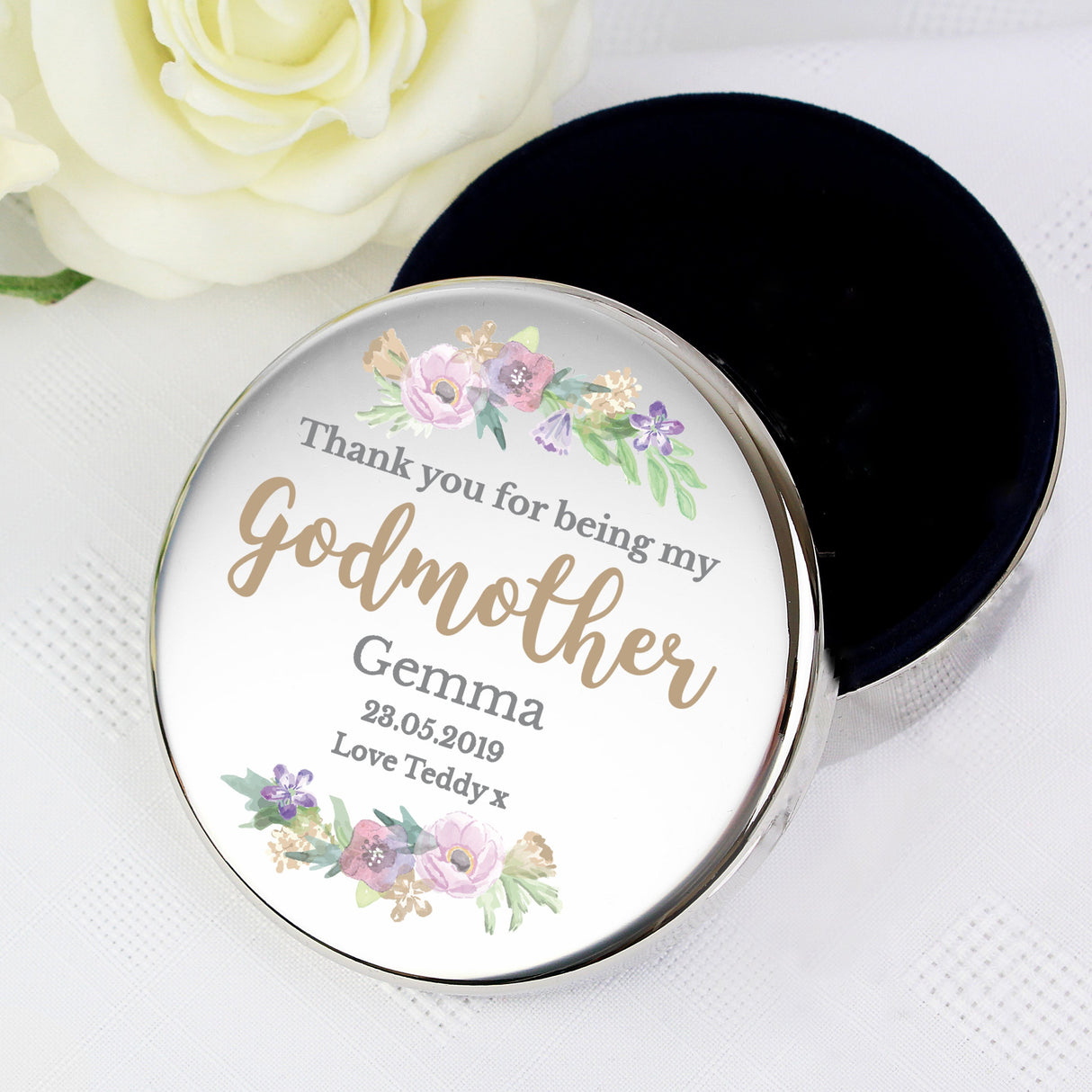 Personalised Godmother ’Floral Watercolour’ Round Trinket Box - Shop Trinket Boxes At Gift Moments - 1