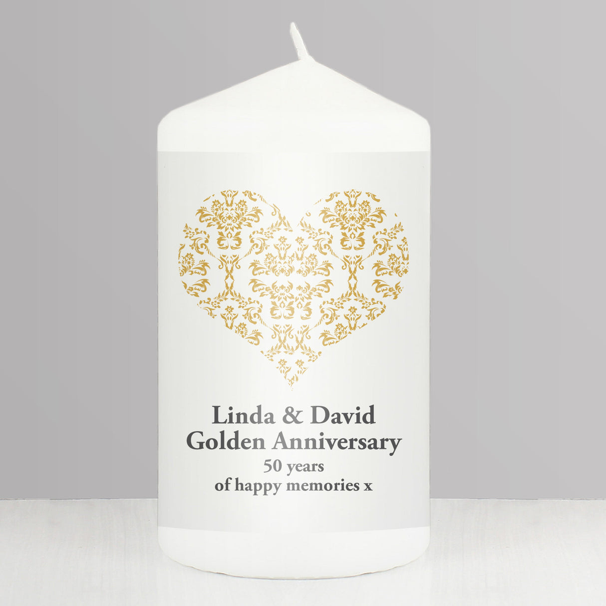 Personalised Gold Damask Heart Pillar Candle - Shop Candles At Gift Moments - 1