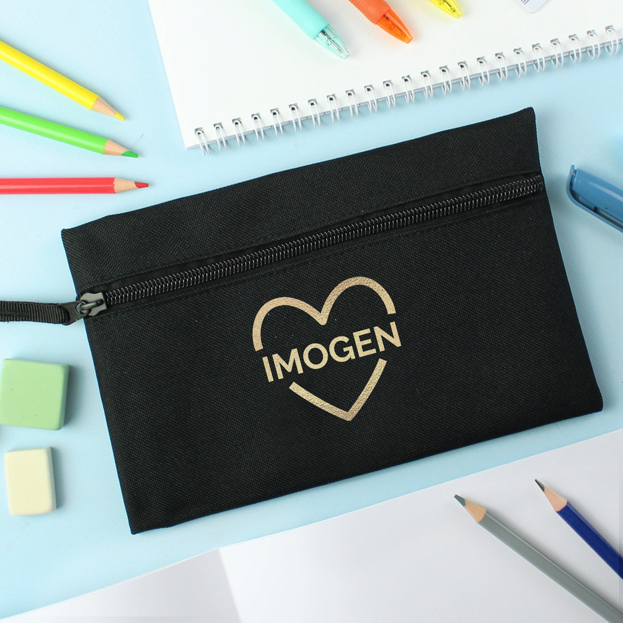 Personalised Gold Heart Black Pencil Case: 3 - Pencil Cases & Sets By Gift Moments