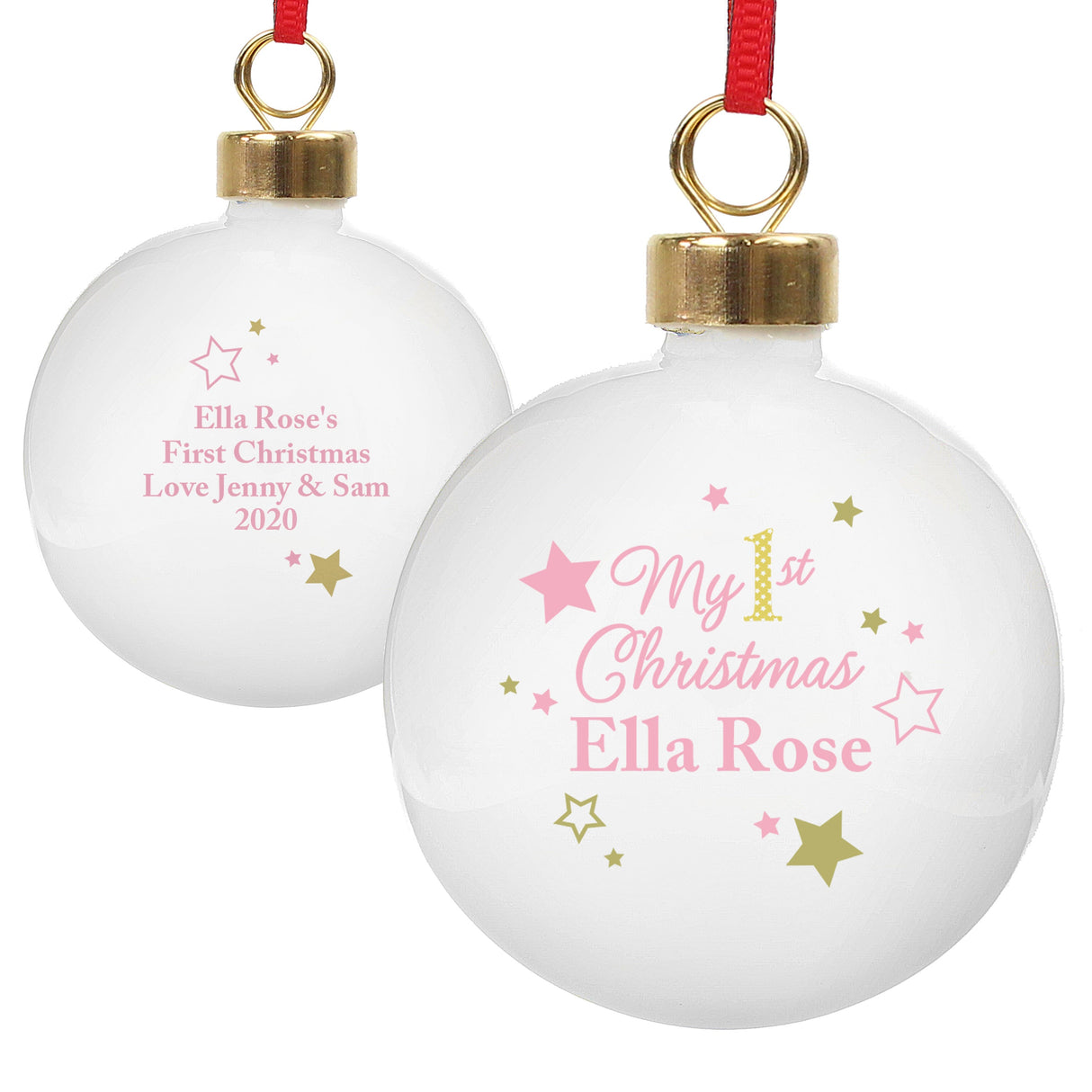 Personalised Gold & Pink Stars My 1st Christmas Bauble: 6 - Christmas Baubles By Gift Moments