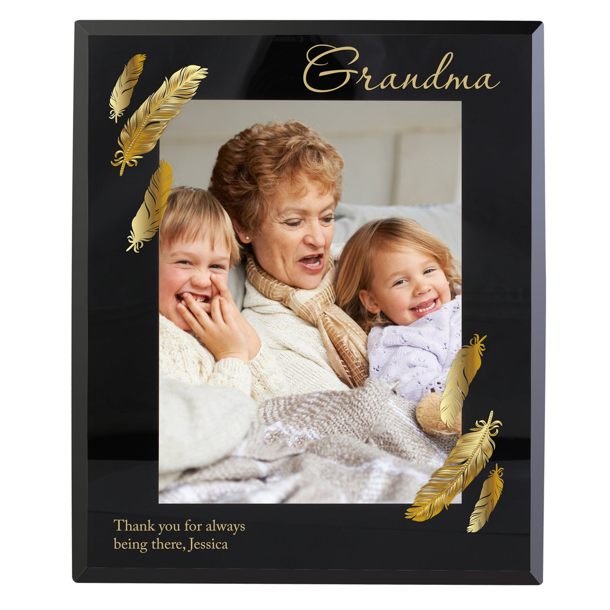 Personalised Golden Feather 5x7 Black Glass Photo Frame: 2 - Photo Frames By Gift Moments