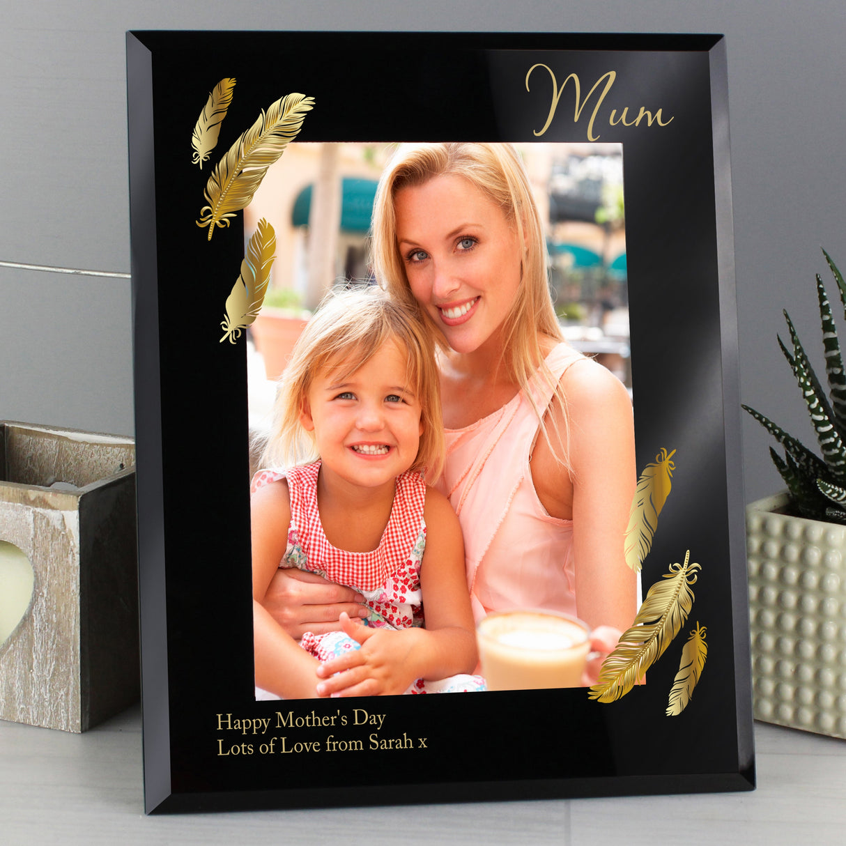Personalised Golden Feather 5x7 Black Glass Photo Frame: 7 - Photo Frames By Gift Moments