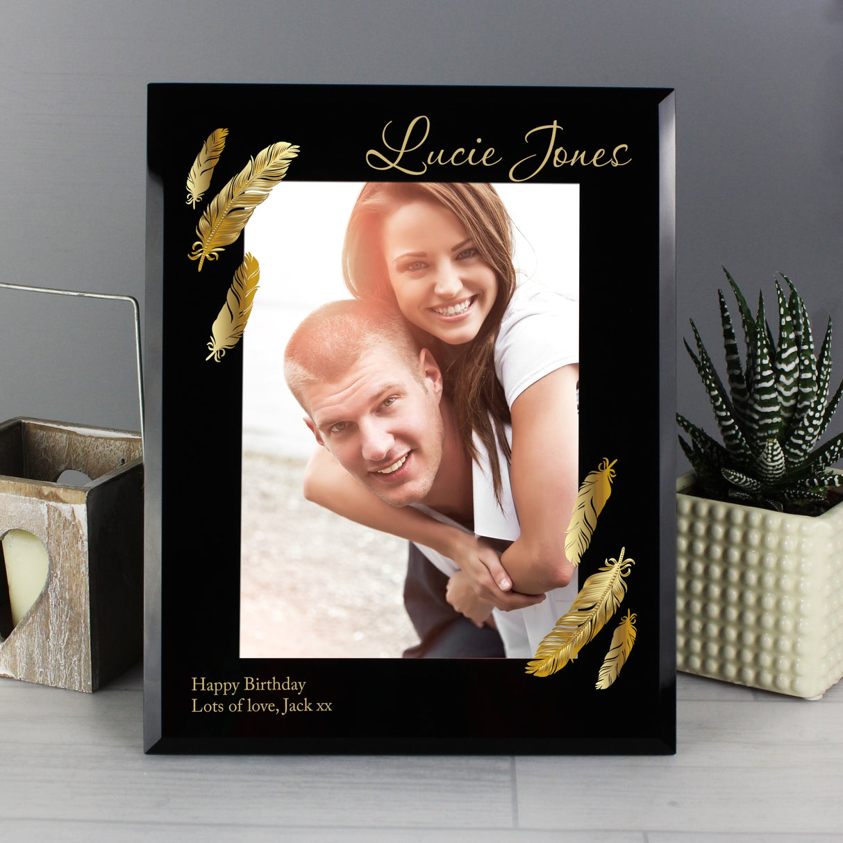 Personalised Golden Feather 5x7 Black Glass Photo Frame: 4 - Photo Frames By Gift Moments