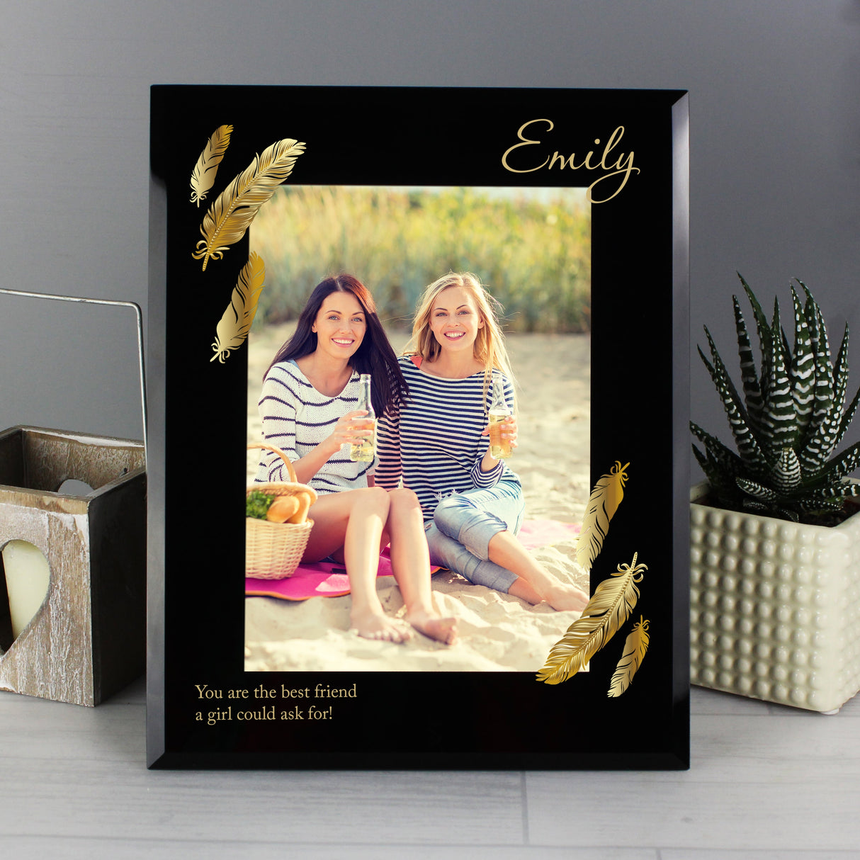 Personalised Golden Feather 5x7 Black Glass Photo Frame: 1 - Photo Frames By Gift Moments