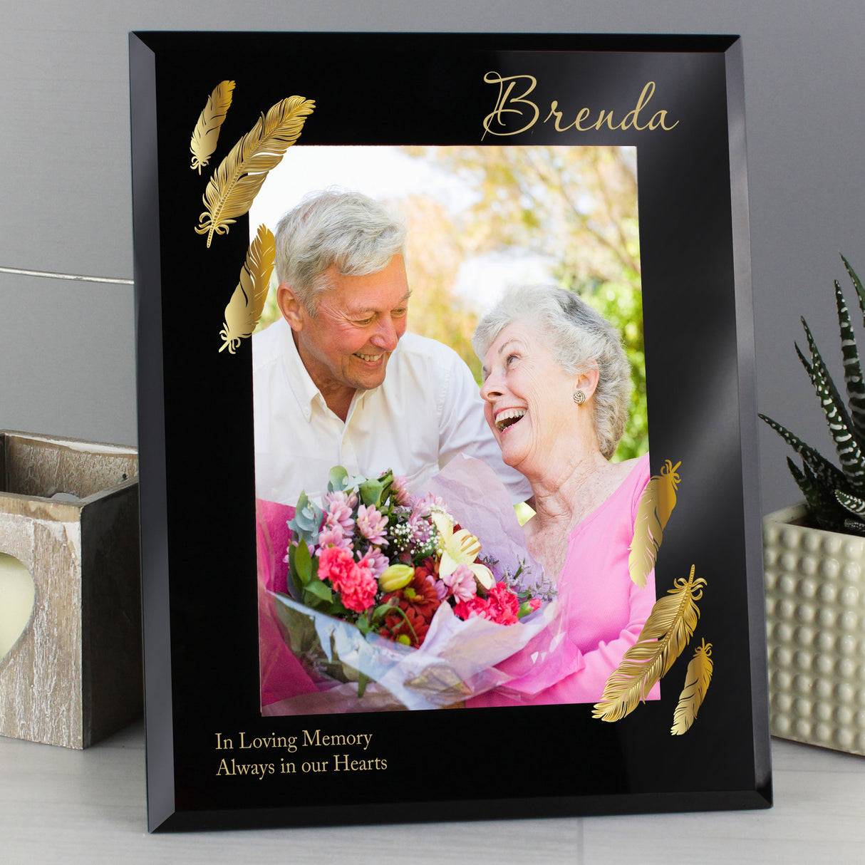Personalised Golden Feather 5x7 Black Glass Photo Frame: 5 - Photo Frames By Gift Moments