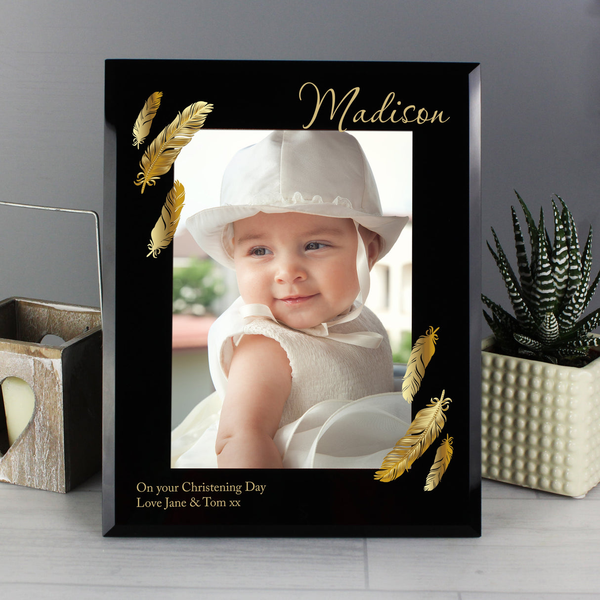 Personalised Golden Feather 5x7 Black Glass Photo Frame: 6 - Photo Frames By Gift Moments