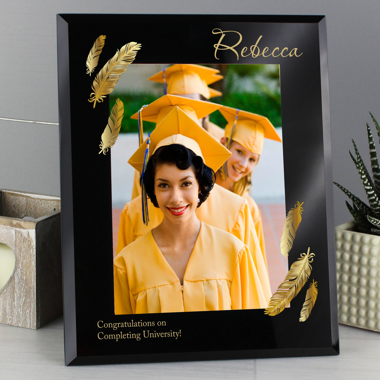 Personalised Golden Feather 5x7 Black Glass Photo Frame: 3 - Photo Frames By Gift Moments