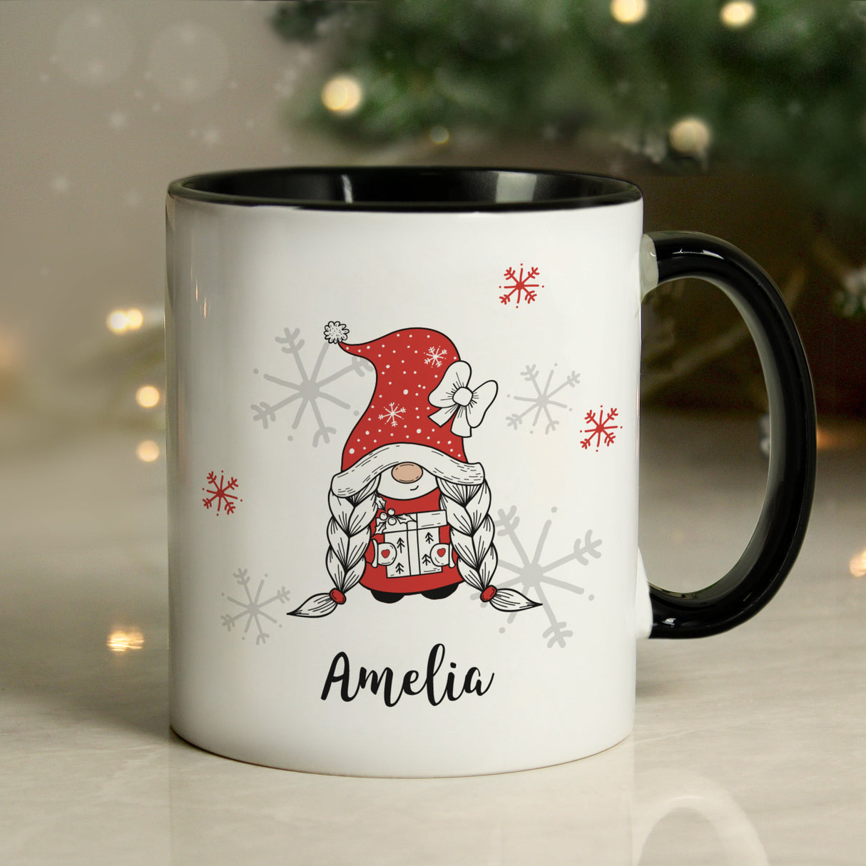 Personalised Gonk Family Black Handled Christmas Mugs - Girl - Shop Mugs At Gift Moments - 12