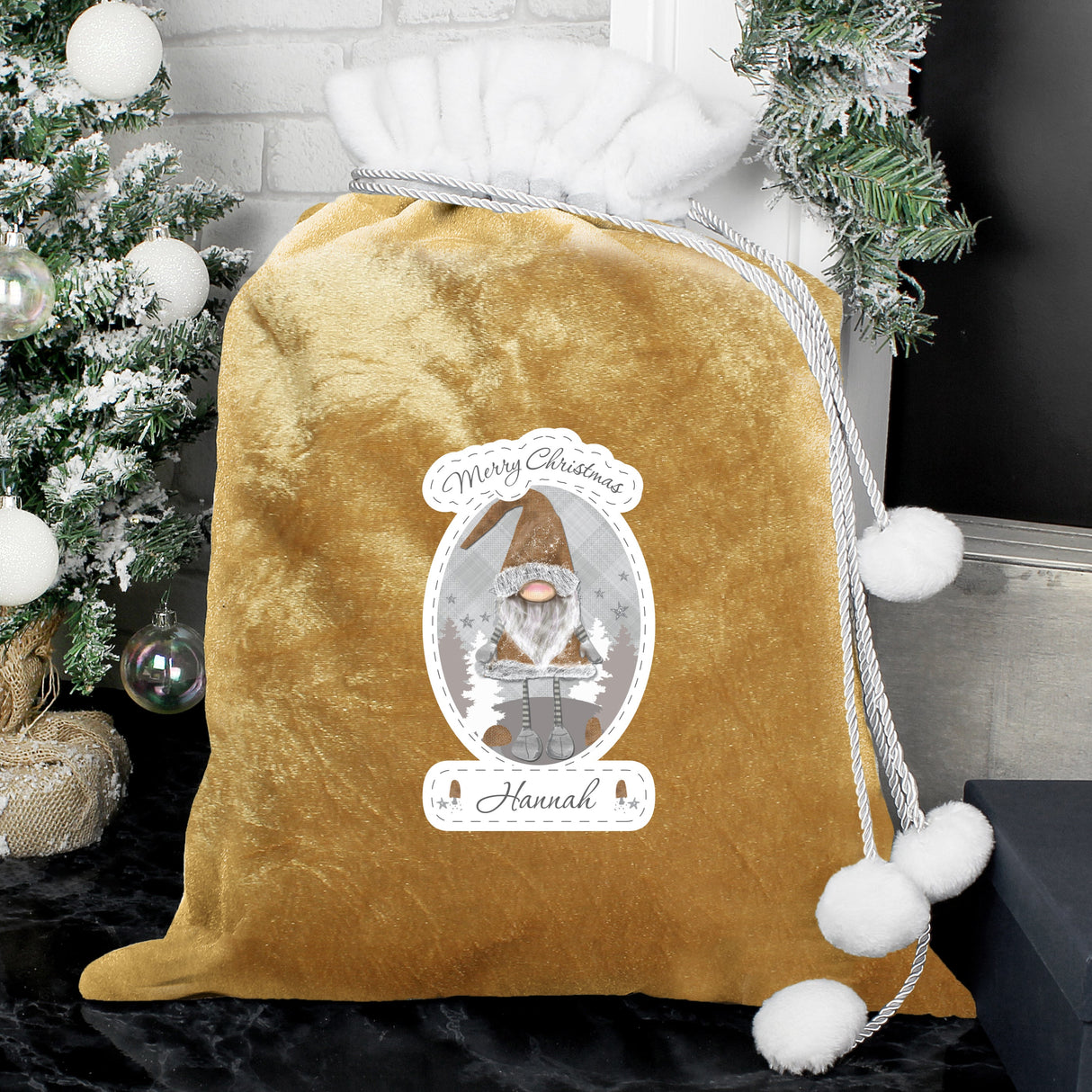 Personalised Gonk Luxury Pom Pom Gold Sack - Shop Christmas Sacks At Gift Moments - 2