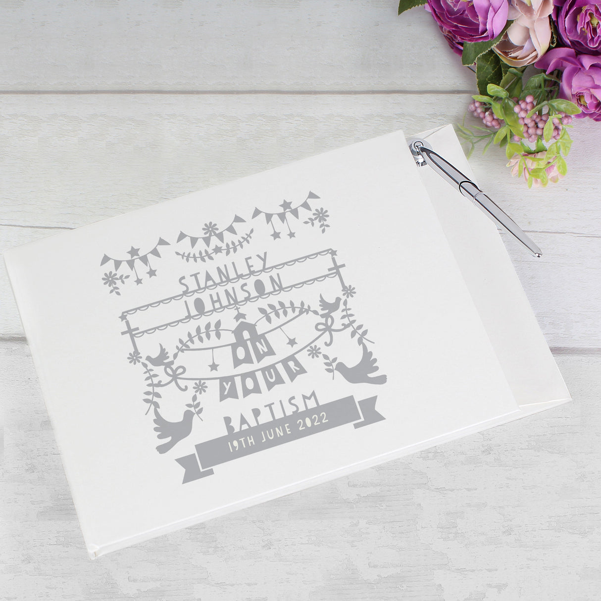 Personalised Grey Papercut Style Hardback Guest Book & Pen - Shop Guest Books At Gift Moments - 1