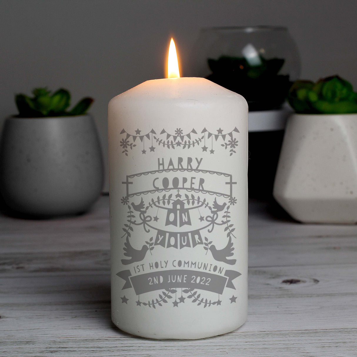 Personalised Grey Papercut Style Pillar Candle: 2 - Candles By Gift Moments