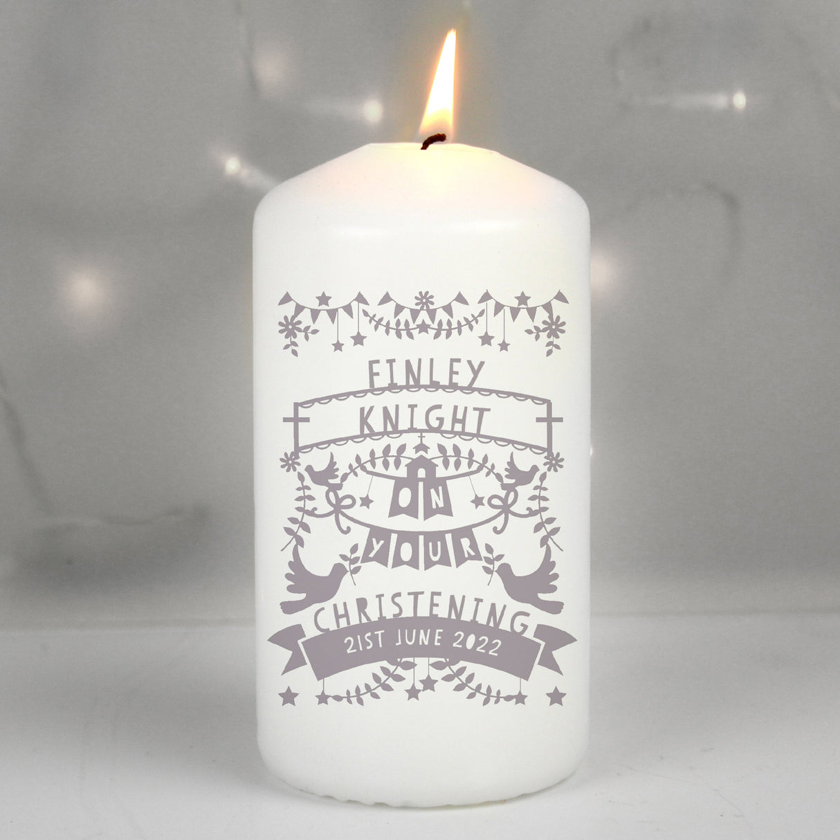 Personalised Grey Papercut Style Pillar Candle: 1 - Candles By Gift Moments