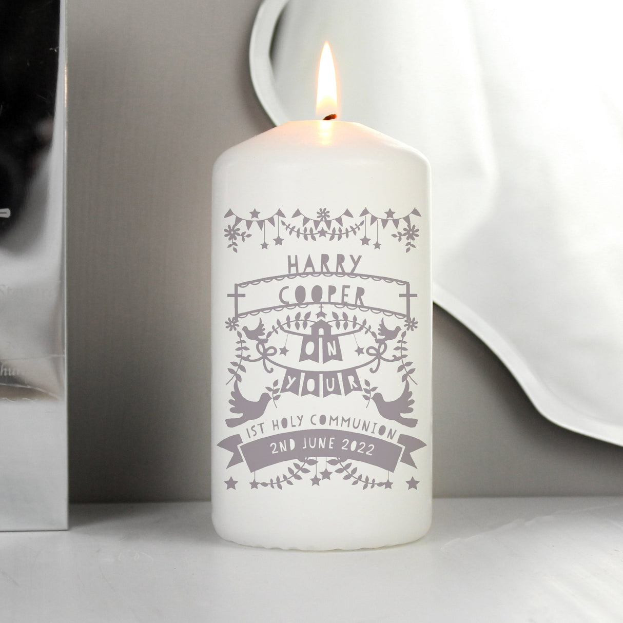 Personalised Grey Papercut Style Pillar Candle: 6 - Candles By Gift Moments