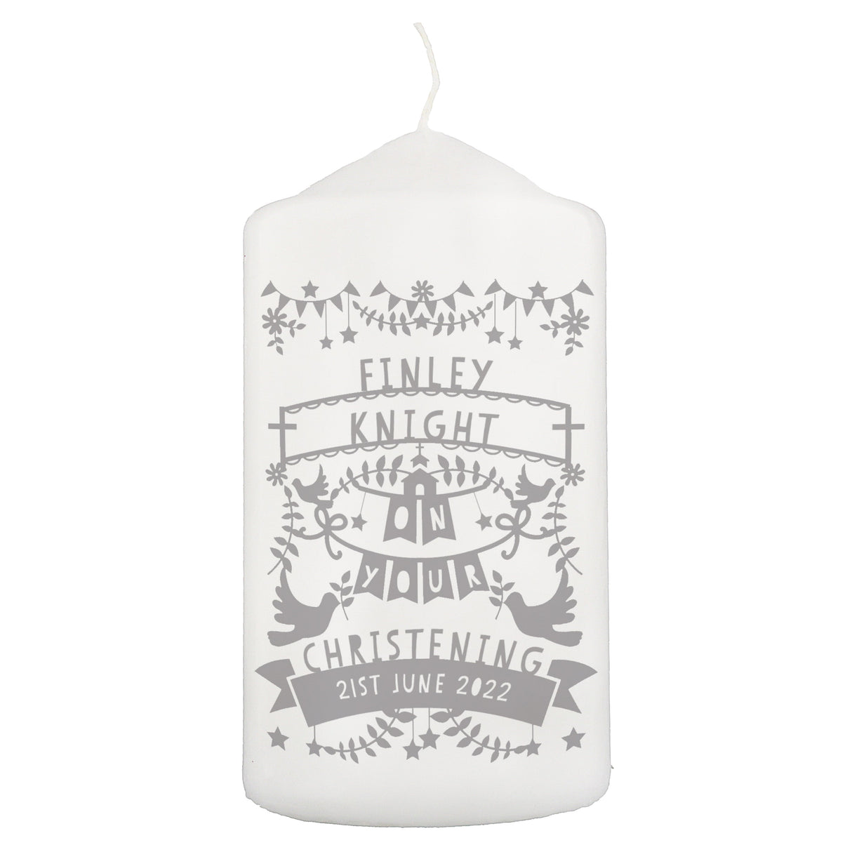 Personalised Grey Papercut Style Pillar Candle: 3 - Candles By Gift Moments