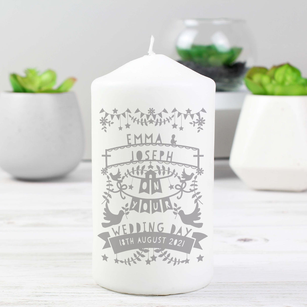 Personalised Grey Papercut Style Pillar Candle: 5 - Candles By Gift Moments