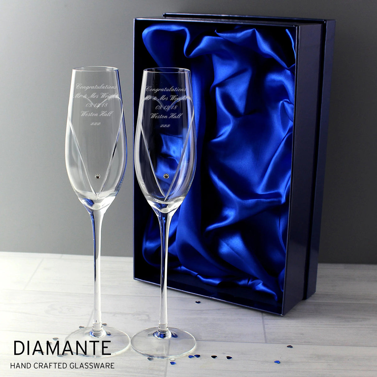 Personalised Hand Cut Heart Pair of Flutes with Gift Box: 2 - Champagne Flutes By Gift Moments