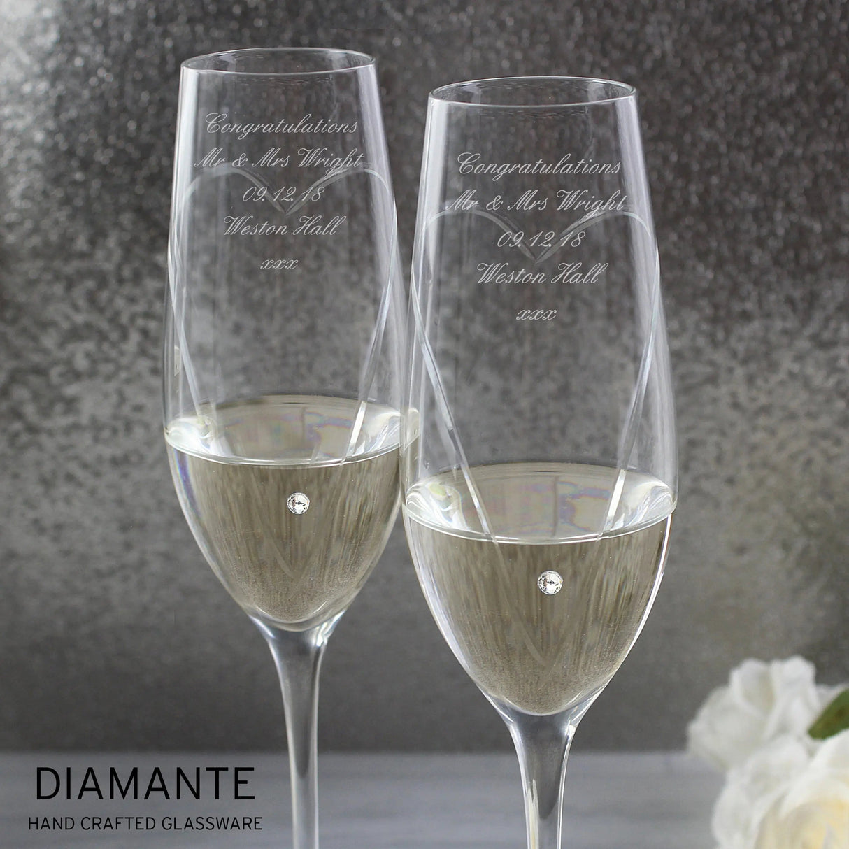 Personalised Hand Cut Heart Pair of Flutes with Gift Box: 3 - Champagne Flutes By Gift Moments