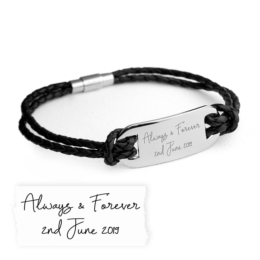 Personalised Handwriting Mens Black Leather Bracelet: 6 - Bracelets By Gift Moments