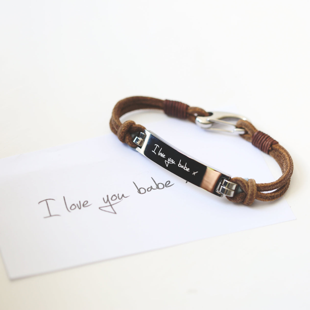 Personalised Handwriting Men’s Leather Tan Bracelet: 2 - Bracelets By Gift Moments