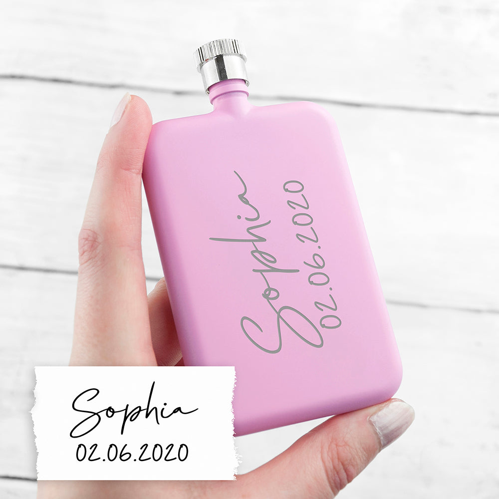 Personalised Handwriting Pink Slimline Flask: 4 - Hip Flasks By Gift Moments