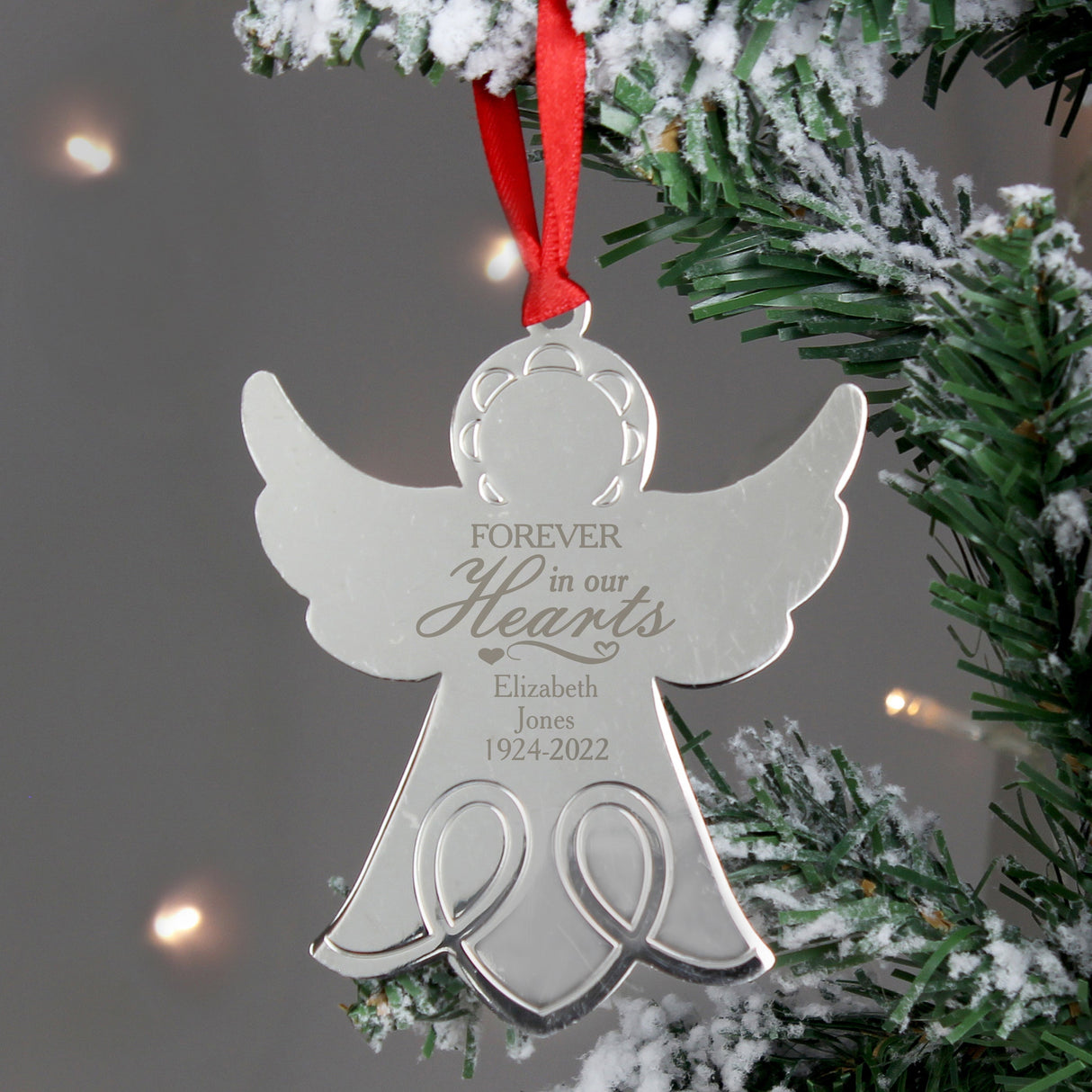 Personalised In Our Hearts Angel Metal Decoration: 1 - Christmas Decorations By Gift Moments