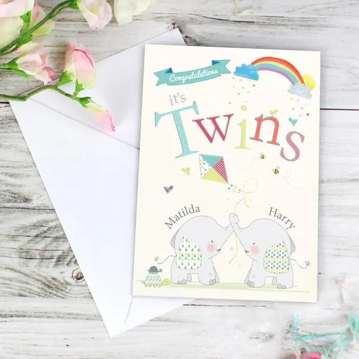 Personalised Hessian Elephant Twins Card: 2 - Greeting Cards By Gift Moments