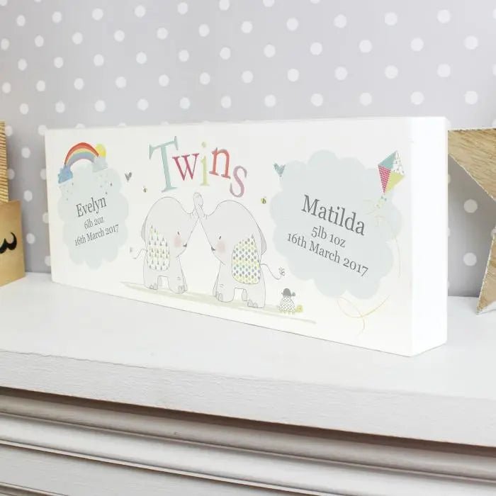Personalised Hessian Elephant Twins Wooden Block Sign: 2 - Signs & Plaques By Gift Moments