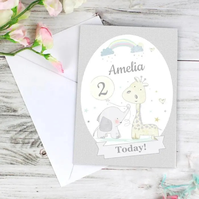 Personalised Hessian Giraffe & Elephant Card: 1 - Greeting Cards By Gift Moments