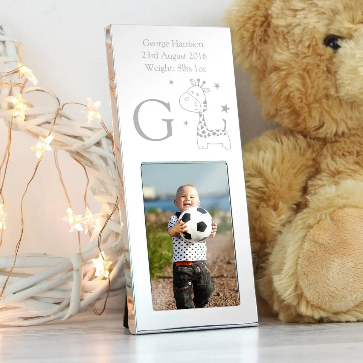 Personalised Hessian Giraffe Small 2x3 Silver Photo Frame: 2 - Photo Frames By Gift Moments