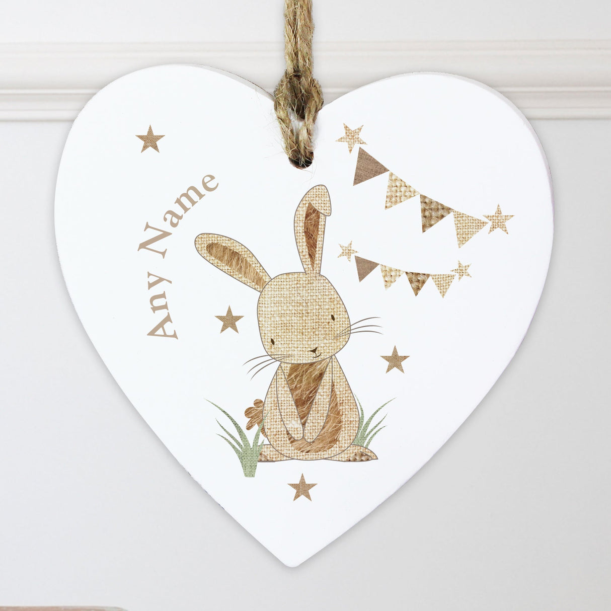 Personalised Hessian Rabbit Wooden Heart Decoration: 4 - Decorations By Gift Moments