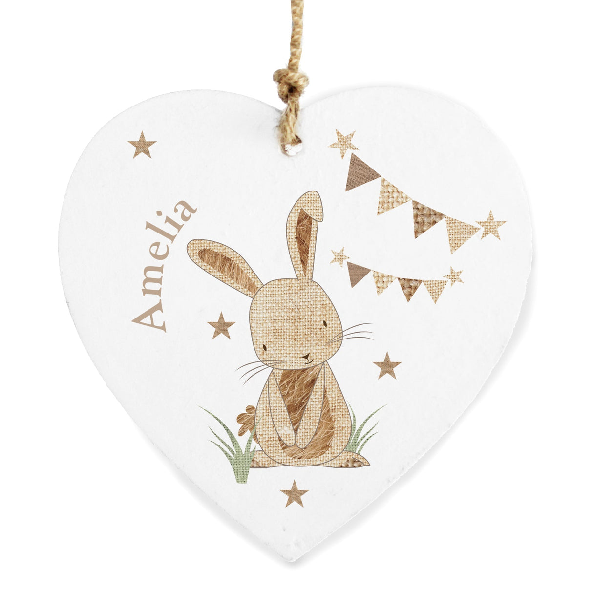 Personalised Hessian Rabbit Wooden Heart Decoration: 5 - Decorations By Gift Moments
