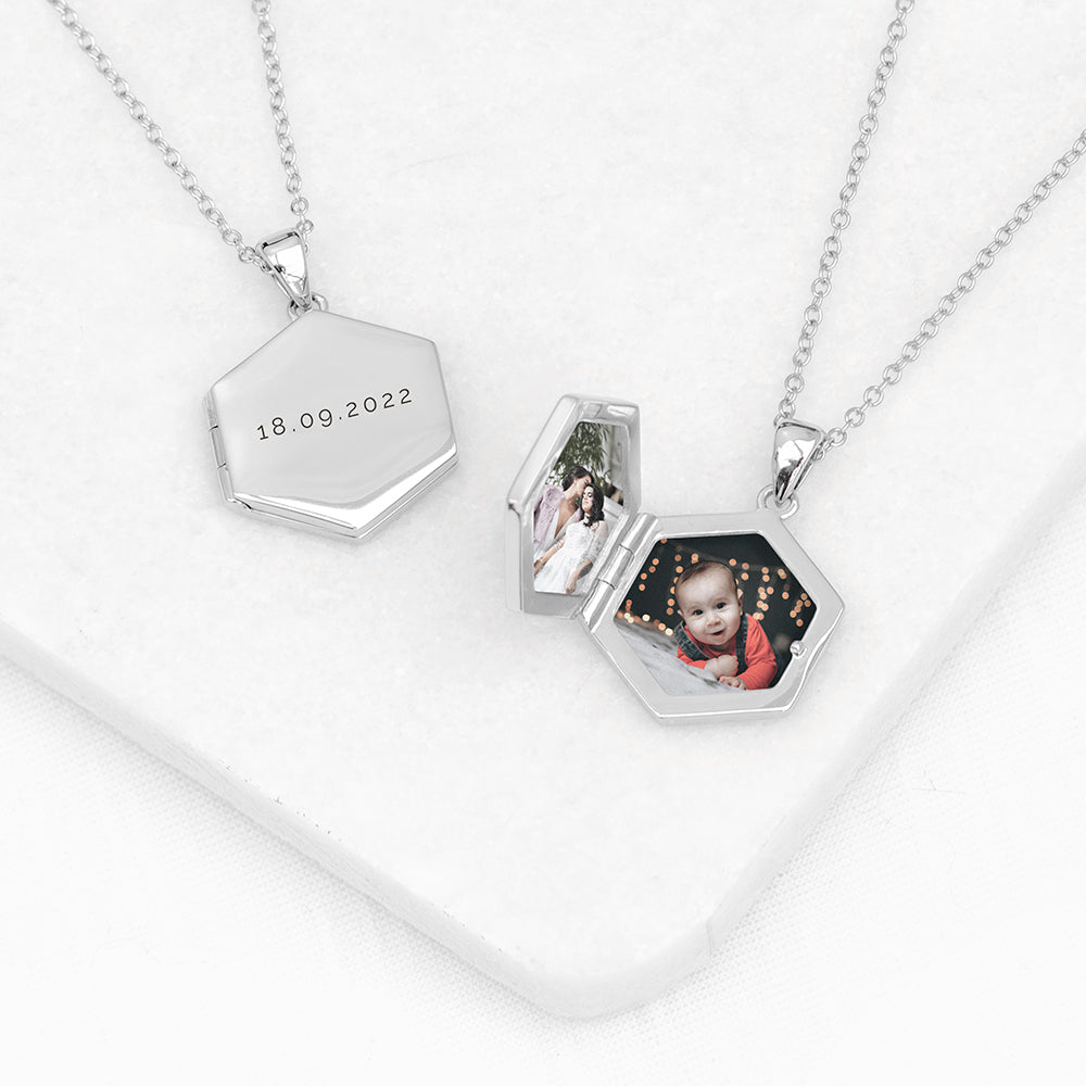 Personalised Hexagonal Photo Locket Necklaces: 2 - Silver - Necklaces By Gift Moments