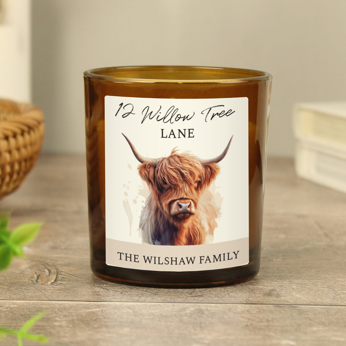 Personalised Highland Cow Amber Glass Candle: 4 - Candles By Gift Moments