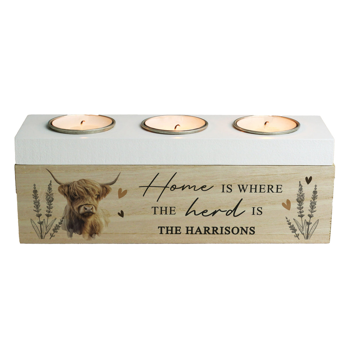 Personalised Highland Cow Triple Tea Light Box: 5 - Candle Holders By Gift Moments