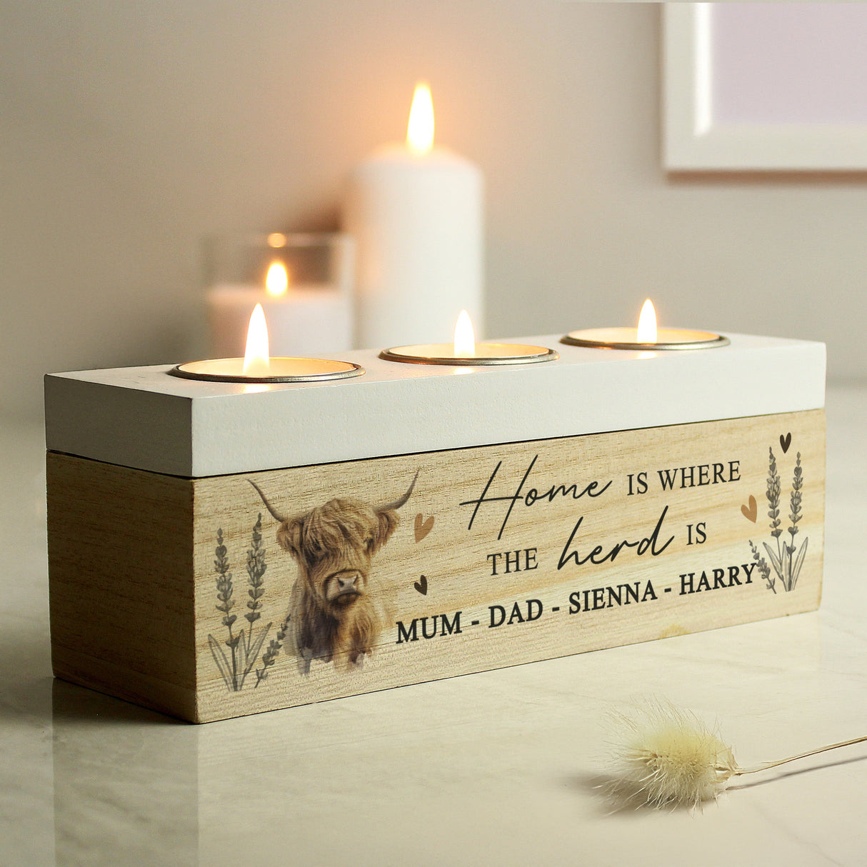 Personalised Highland Cow Triple Tea Light Box: 2 - Candle Holders By Gift Moments