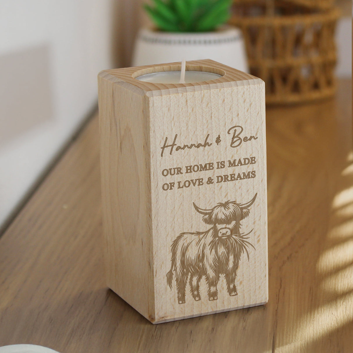 Personalised Highland Cow Wooden Tealight Holder: 1 - Candle Holders By Gift Moments