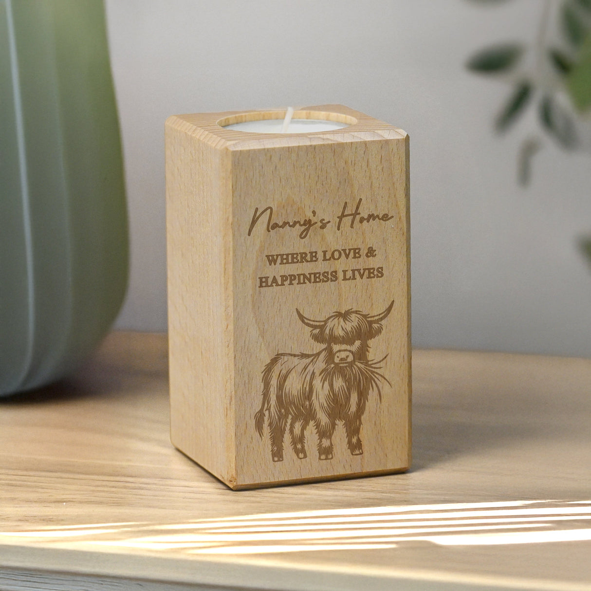Personalised Highland Cow Wooden Tealight Holder: 3 - Candle Holders By Gift Moments