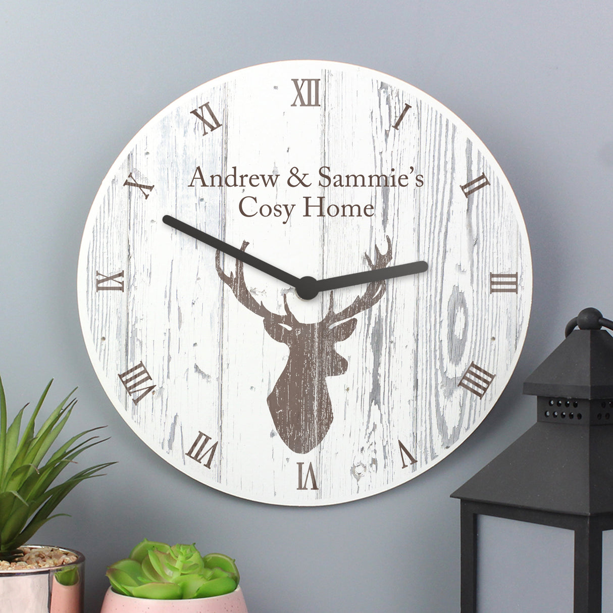 Personalised Highland Stag Shabby Chic Wooden Clock: 2 - Clocks By Gift Moments