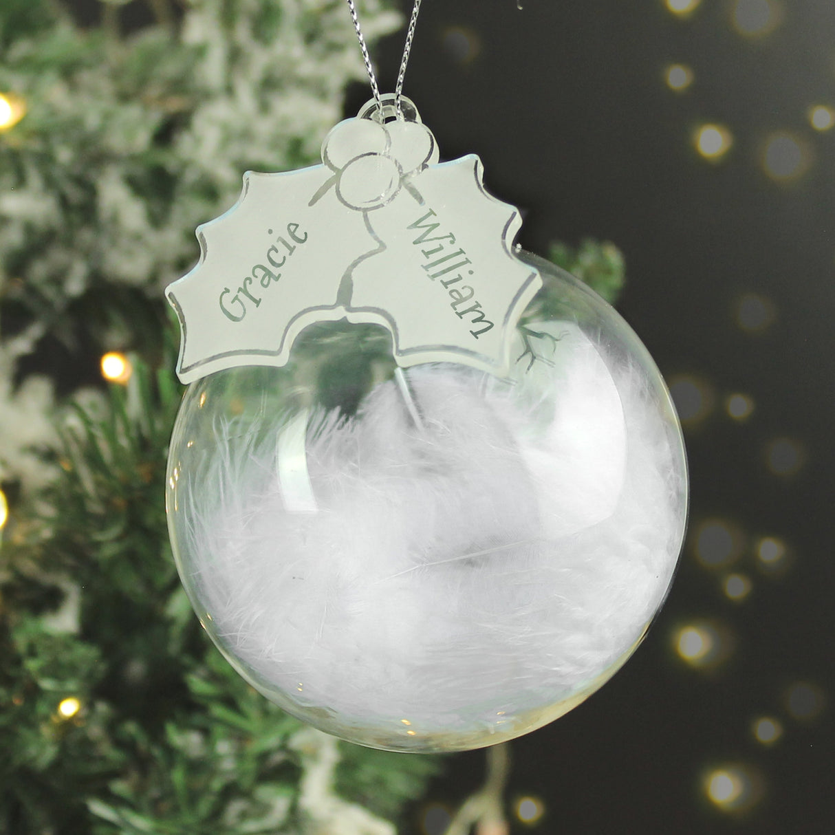 Personalised Holly Acrylic White Feather Bauble: 1 - Christmas Baubles By Gift Moments