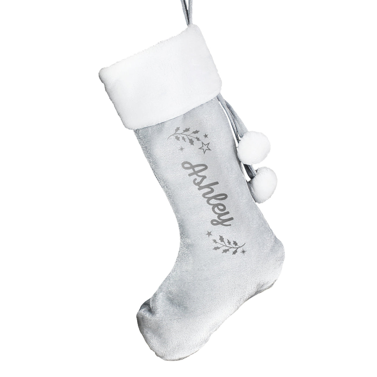 Personalised Holly Grey Christmas Stocking: 5 - Christmas Stockings By Gift Moments