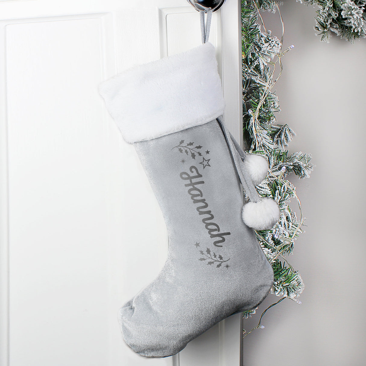 Personalised Holly Grey Christmas Stocking: 3 - Christmas Stockings By Gift Moments